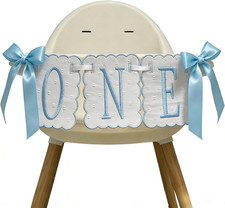 Blue  White Bow High Chair Banner for One Sweet Boy First Birthday Party Decora