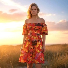 Mulla On Off Shoulder Tropical Linen Blend Tie Back Mini Dress in Coral Floral S