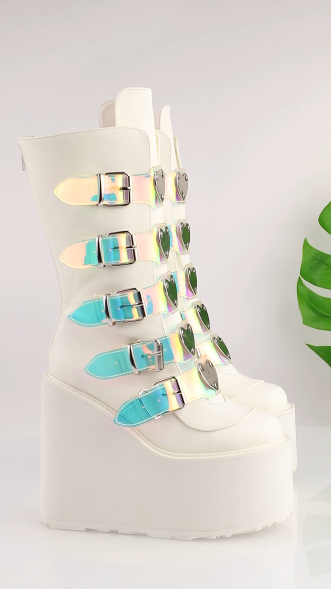靴 Semantic design /white boots /emo /y2k Demonia Womens Swing 230 Boot Size 6 White Platform Heart Buckle