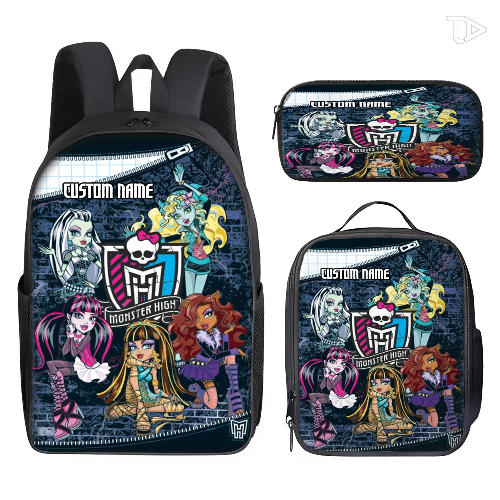 Navy Custom Monster Doll Backpack Set with Lunch Bag and Pencil Case