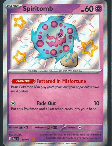 Spiritomb 158/091 Shiny Rare Paldean Fates Pokemon Holo Near Mint