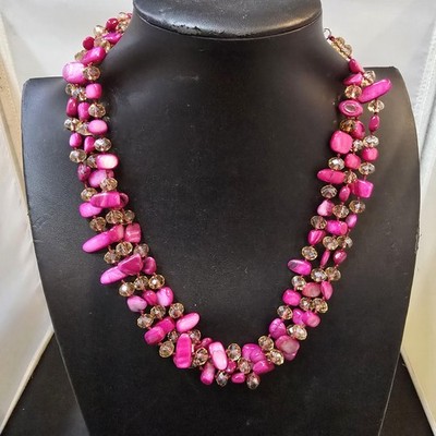 Pink Stone Beaded Statement Necklace Womens Multi Strand Adjustable 20 Inch