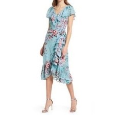 Eliza J V-Neck Ruffled Printed Metallic Clip Chiffon Dress Size 2