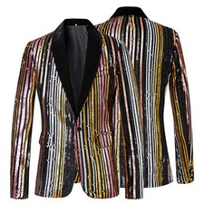 Men Formal Striped Sequin Jacket Suit Blazer Coat Showman Costume Stage Party