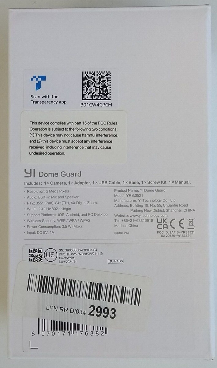 YI Dome Guard Smart IP PTZ Camera with adapter and USB cable. | eBay
