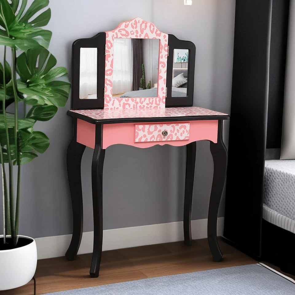 Red Sturdy Three-Fold Mirror Children Vanity Table Set, Makeup Vanity Table Set - Image 4 of 4