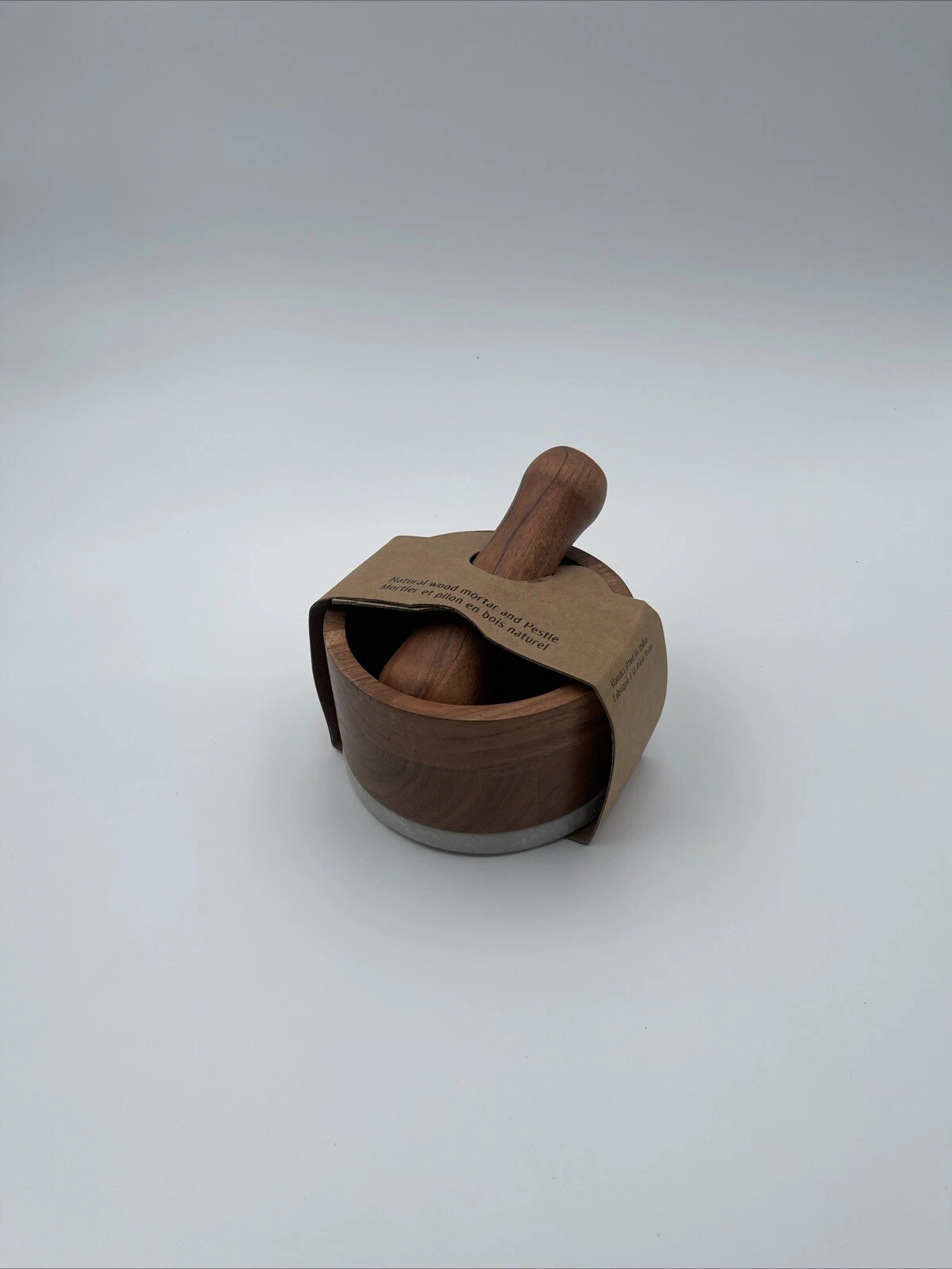 Natural wood mortar and pestle and marble bottom handcrafted