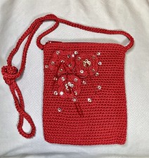 Vintage 1960s-70s Red Crocheted Purse Flowers Beads Sequins Rectangle Long Strap
