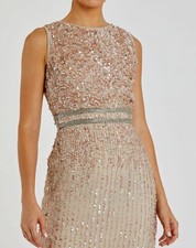 NWT Mac Duggal  Nude Sleeveless High Neck Beaded Midi Sheath Dress Sz 16 $498