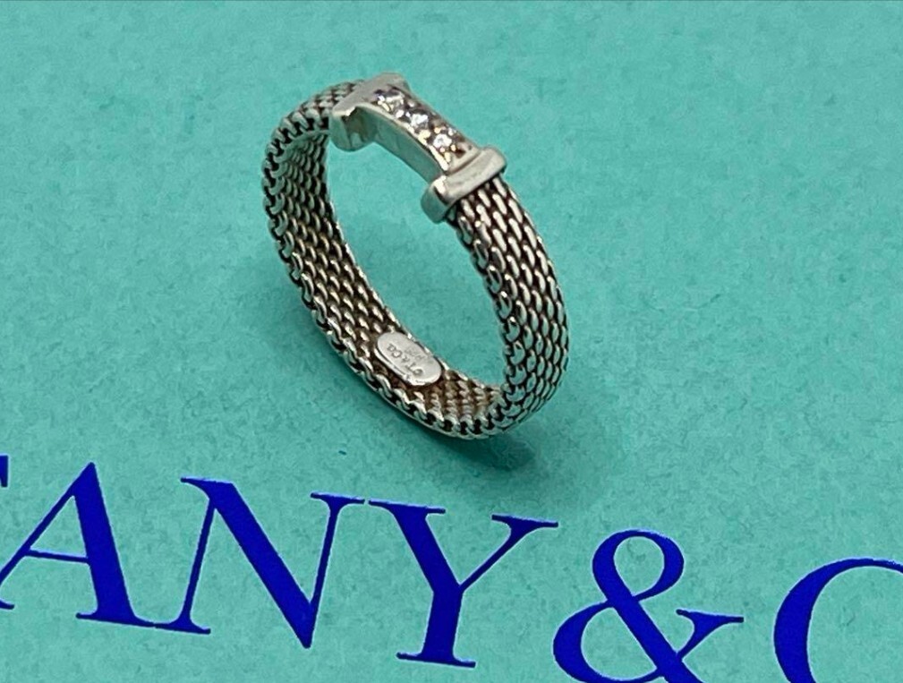 アクセサリー Diamond Somerset Mesh Ring, size 5 Tiffany Somerset Mesh 3P Diamond Ring Size 5 Rare Silver 925