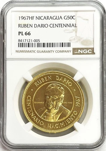 1967 GOLD NICARAGUA 50 CORDOBAS 100th ANNIVERSARY RUBEN DARIO NGC PROOF LIKE 66