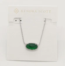 New Kendra Scott Elisa Silver Pendant Necklace In Green Cats Eye Stone