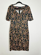Joe Browns Black Floral Pencil Dress UK 14 Stretch Midi V Neck Tea Dress