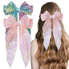 2Pcs Glitter Hair Big Bows for Women Sequin Hair Bows Clips Sparkly Bowknot S...