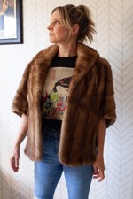 Vintage 50s Mink Fur Capelet Satin Lined Stole w/Pockets Retro Bridal Size M/L