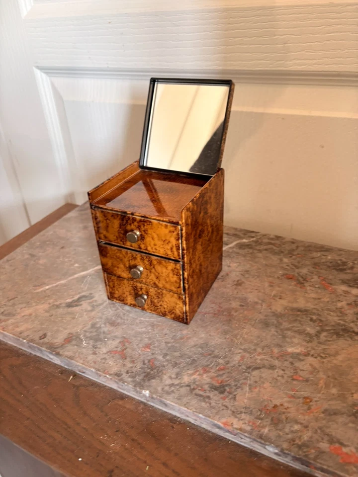 Ancien Boîte Bijoux Vintage JAPON Marron 3 tiroirs Miroirs - Photo 4/4