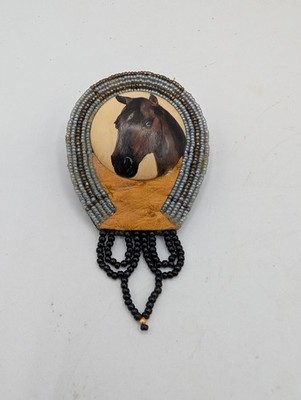 Vintage Horse Hand Painted Pin Brooch Beads Leather Backing Handmade Pony