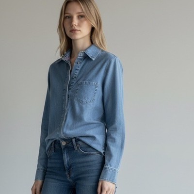 Ted Baker Chambray Blue Denim Long Sleeve Shirt Elevated Basic Top Womens Size 1