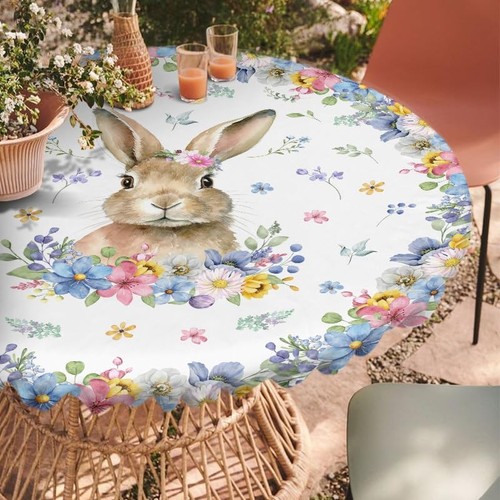 Easter Round Fitted Tablecloth with Elastic Bunny Floral Wreath Tablecloths - Picture 3 of 8