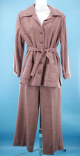 VTG Women's 70s 2 Pc Brown  White Tweed Leisure Suit M/L 1970s Top  Pants Set