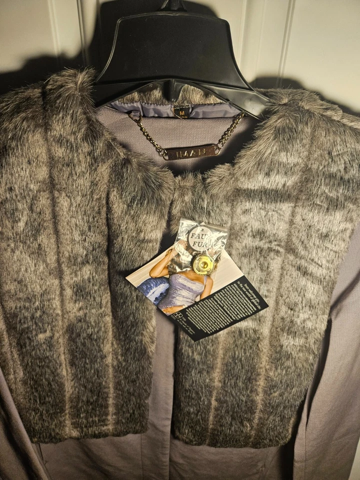 Casaco de luxo IMAN cinza platina e colete de pele sintética conjunto com 2 peças médio NOVO COM ETIQUETAS - Imagem 2 de 4