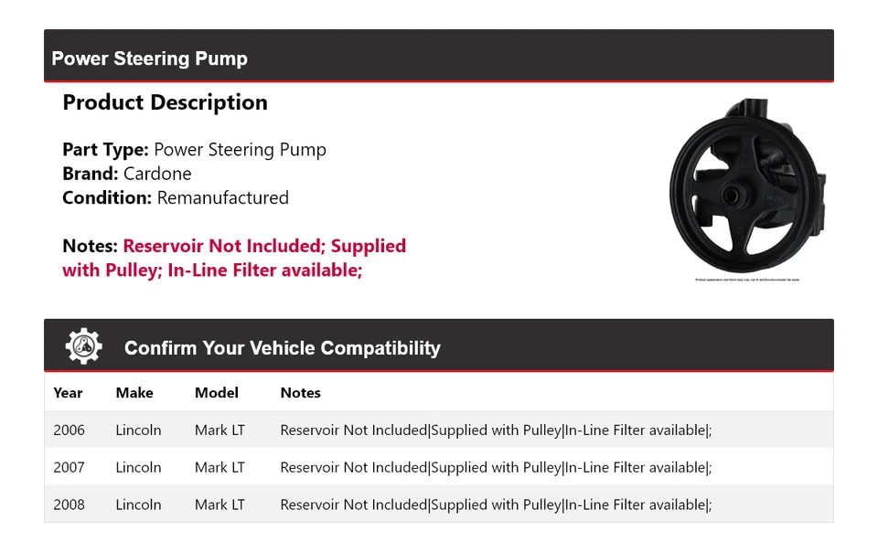 Bomba de direção hidráulica Cardone 2007 Lincoln Mark LT para 2006-2008 - Imagem 2 de 4