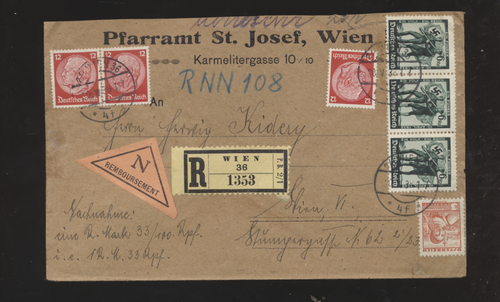 Reco-Nachnahmebrief 1938 aus Wien 36 mit Mischfrankatur