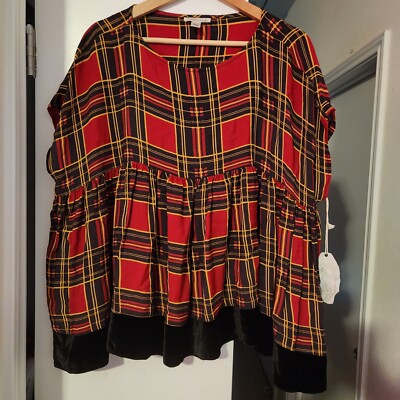 NEW Cousin Earl Oversized S/M Flutter Top Velvet Bottom Plaid Silk Blend Blouse