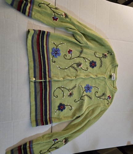 Breckenridge Cardigan Sweater Sz PM Green Floral Embroidered Ramie Button Up Vtg - 第 1/10 張圖片