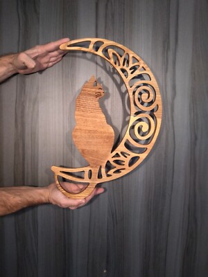 Serene cat on the Moon Wall Decor Cat Wooden Cat Wall Hanging  Moon Carving