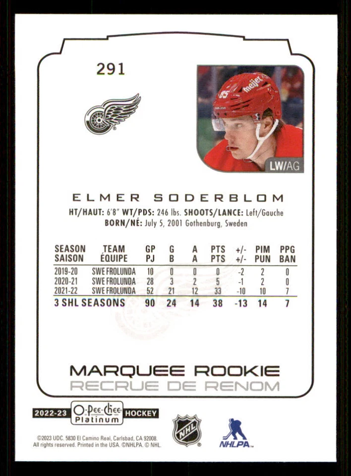 2022-23 O-Pee-Chee Platinum #291 Elmer Soderblom RC - Image 2 of 2