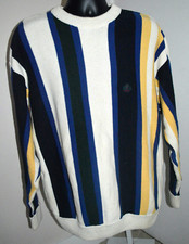 VTG IZOD 80's CREW NECK SWEATER VERTICAL STRIPE Mens MEDIUM navy white blue grn