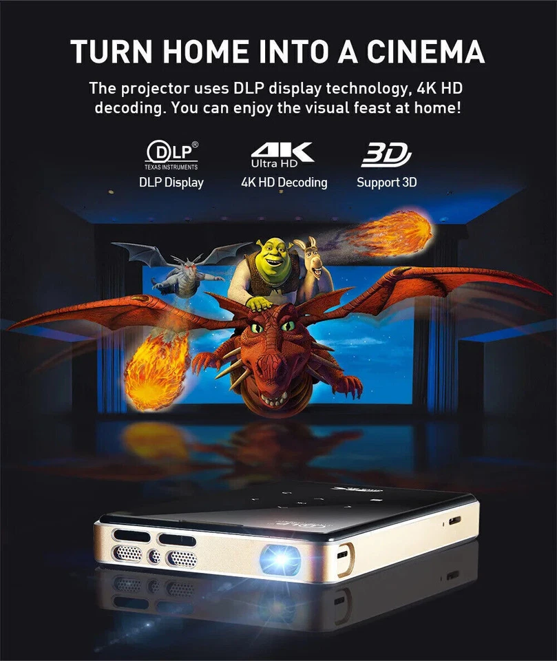 P09 Mini DLP Projector 4K Android 9.0 WiFi Bluetooth 1080P Home Theater System - Image 4 of 4