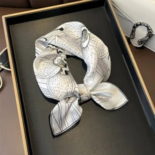 100% Pure Silk Scarf Women White Black Flower Kerchief Square Bandana Wrap 53cm