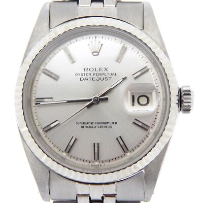 Rolex Datejust Men Stainless Steel Watch 18K White Gold Fluted Bezel Silver 1601