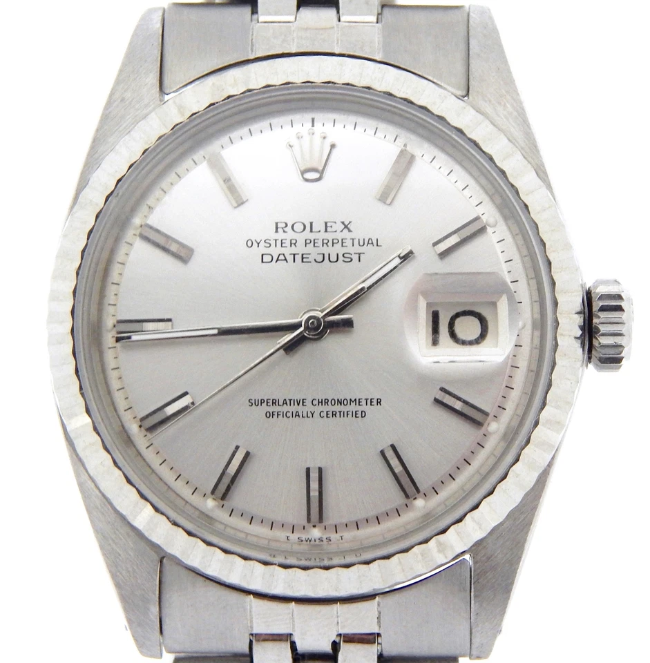 Rolex Datejust Hombre Reloj Acero Inoxidable Oro Blanco 18K Bisel Acanalado Plata 1601