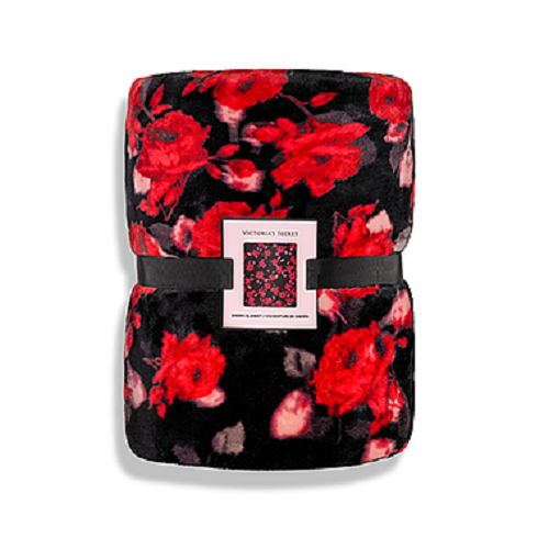 Victoria's VICTORIA SECRET Black Red Rose FLORAL Fleece Sherpa