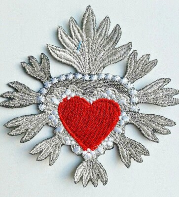 Milagro Sacred Heart Silver Handmade Embroidered Patch