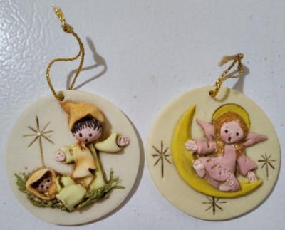 Vintage La Berge Christmas Ornaments Signed Lot of 2  1982 Angel and Nativity