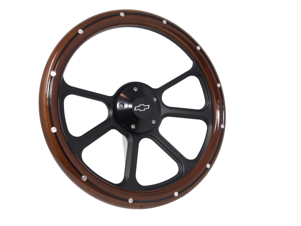 1970 Camaro Steering Wheel 14" Polished Aluminum & Wood Steering Wheel With Chevy Bowtie Horn – 6-Bolt Pattern Chevy Bowtie Horn Button - Foto 8