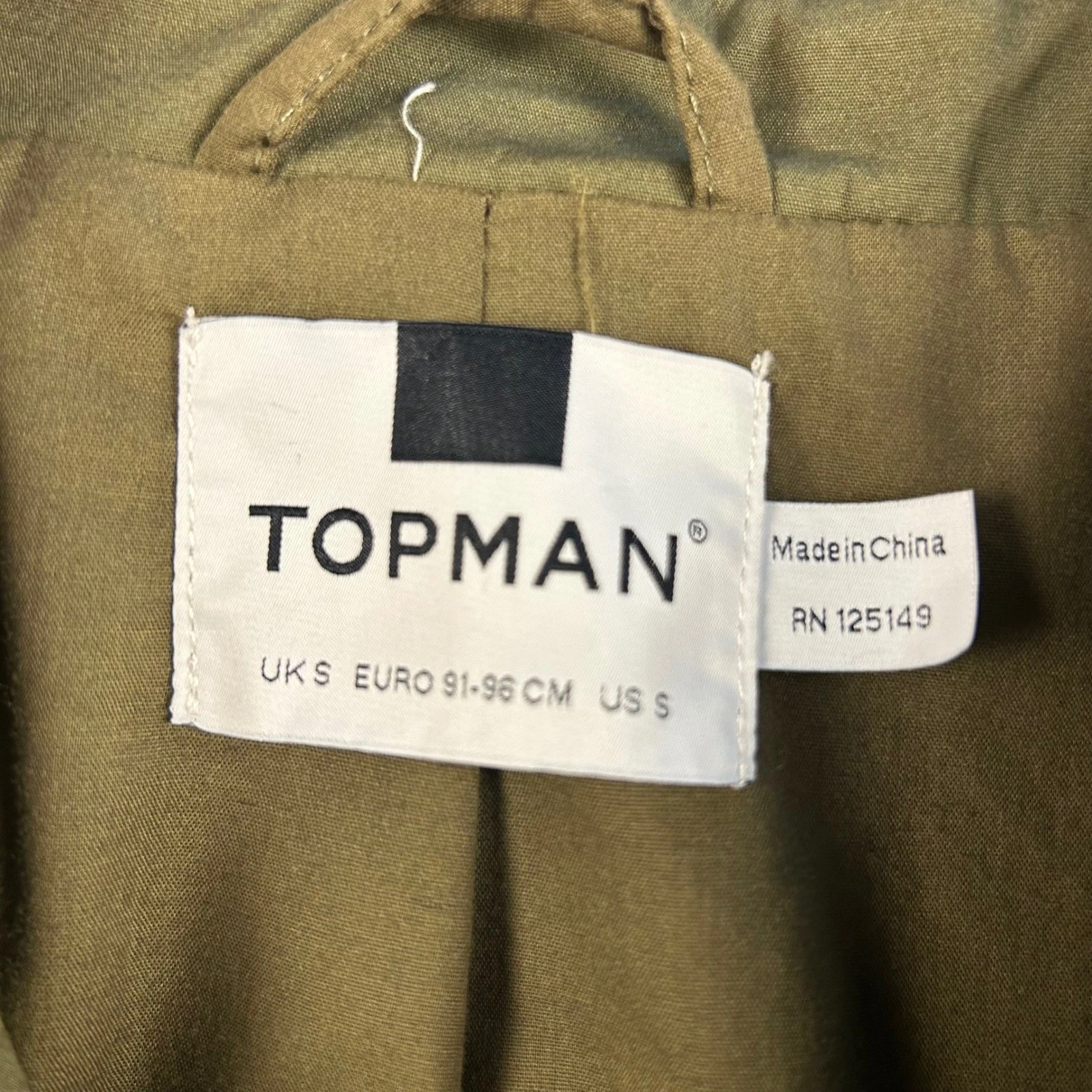 Topman Mens Olive Green Khaki Car Coat Jacket Size Small Hidden Button Placket - product detail image 3