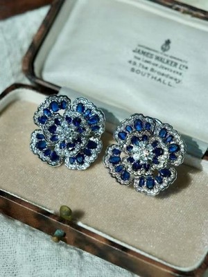 Luxury Blue Sapphire Flower Clip On Earrings Vintage Inspired Rhinestone Jewelry