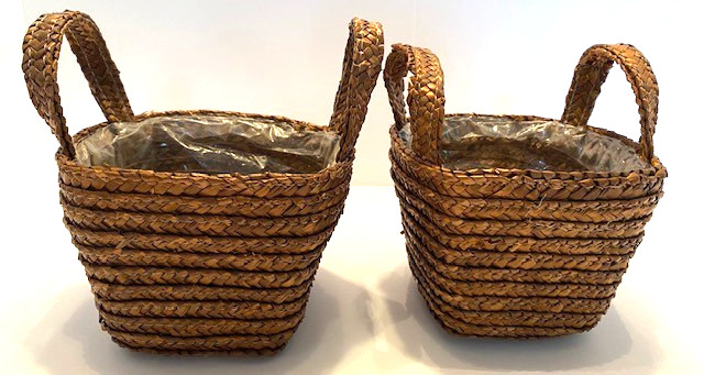 Set of 2 Small 4"x4"x4" Brown Woven Plastic Lined Plant Baskets w/Handles