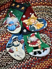 Vintage Handmade Country Christmas Stockings Santa Angel Snowman Lot Of 4