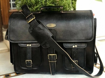 18'' Genuine Goat Leather Messenger Vintage Black Shoulder Laptop Bag Briefcase