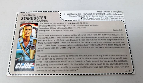 GI JOE ARAH Starduster uncut file card mail away 1987