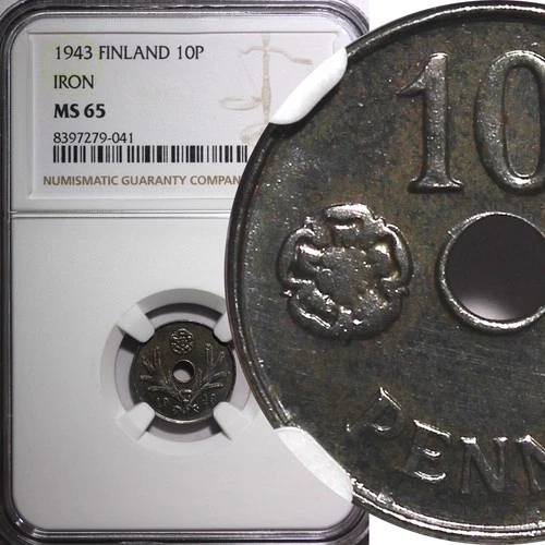 FINLAND Iron 1943 10 Pennia NGC MS65 WWII Issue 1 GRADED HIGHEST SCARCE KM# 34.1