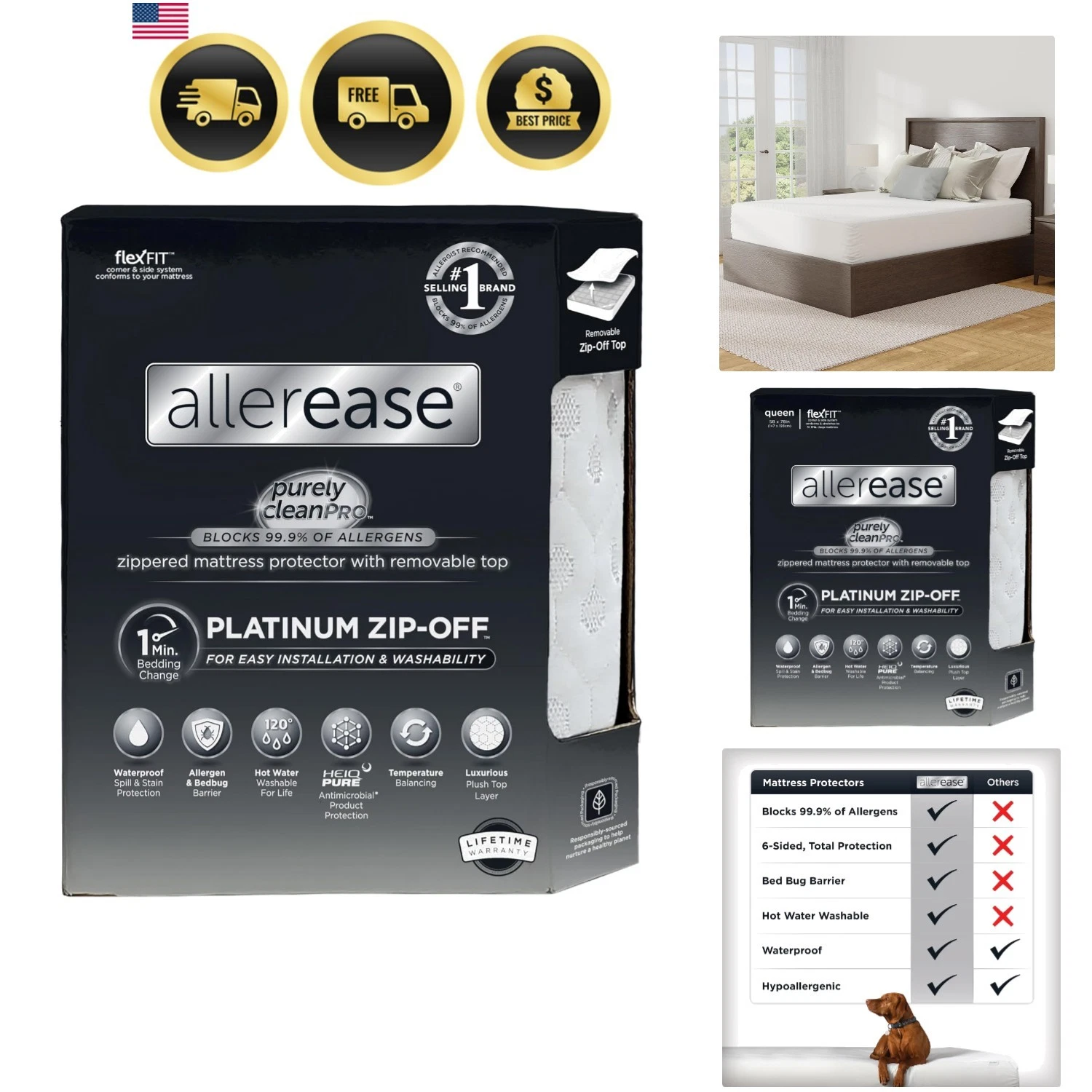 AllerEase Platinum Zip-Off Top Waterproof Mattress Protector Queen Size 360 D...
