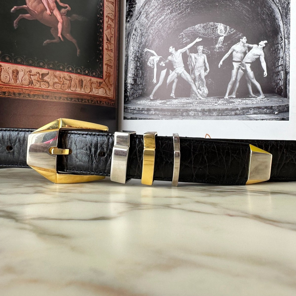 GIANNI VERSACE black leather belt dual tone w/ 3 loops size