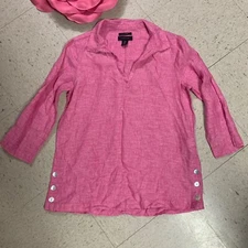 TAHARI Womens Sz MEDIUM Heathered Pink 100% Linen Tunic Top Side Buttons